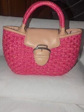 Cole Haan Jada Collection Pink Woven Tote with Tan Leather Trim and Buckle
